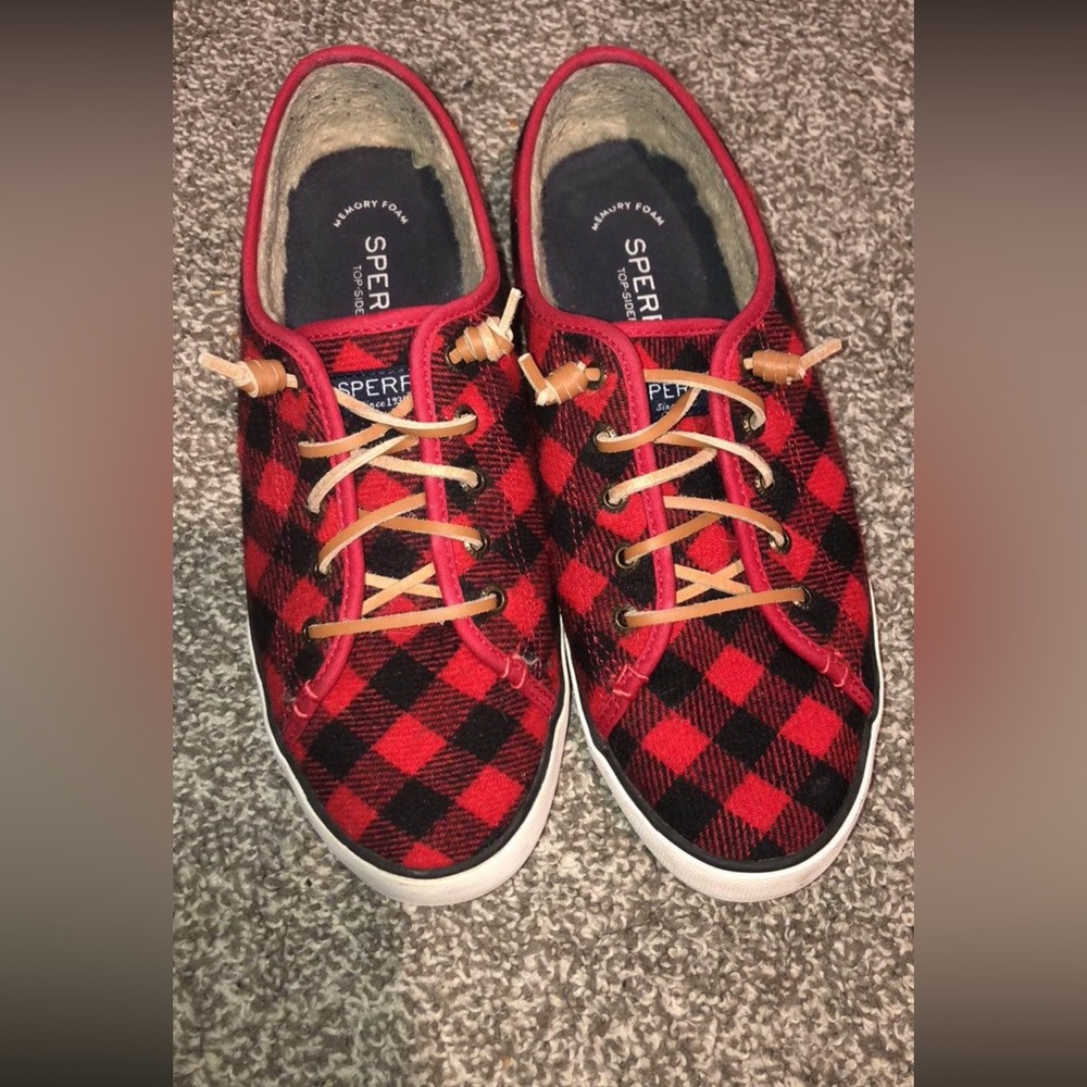 Red and black plaid sperrys